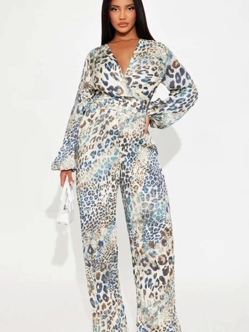 Animal Print Wide Leg Jumpsuit in Blue & White Like New